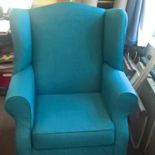 Arm chair blue covering by Tovey Mead of SewTovey Sussex Seamstress